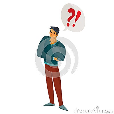 3d isometry, a man is standing in a thoughtful pose and trying to solve a problem, he has two question marks above his Vector Illustration