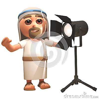 3d Jesus Christ cartoon character stands next to a studio spotlight, 3d illustration Cartoon Illustration