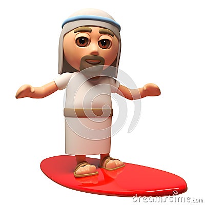 3d Jesus Christ cartoon character surfing on a surfboard, 3d illustration Cartoon Illustration