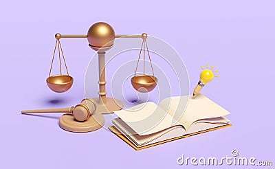 3d judge gavel, hammer auction with stand, justice scales, light bulb, pencil, open book isolated on purple background. law, Cartoon Illustration