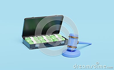 3d judge gavel, hammer auction with stand, pile dollar banknote in black suitcase isolated on blue background. bid idea, estate Cartoon Illustration