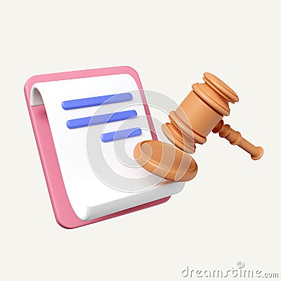 3d judge gavel on paper clipboard. punishment. judgement. law advisor. advocate. Judge arbitrate courthouse concept Cartoon Illustration