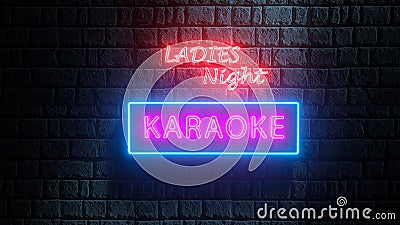 3d Karaoke Ladies night neon sign on brick wall. Illuminated banner, bright billboard, glowing signboard. Advertising bright night Stock Photo