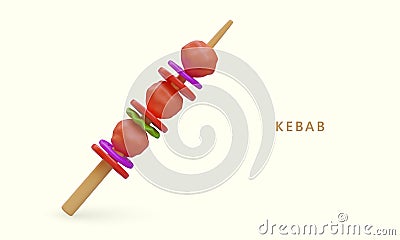 3D kebab on skewer. Grilled meat with fresh vegetables. Juicy tasty appetizing dish Vector Illustration