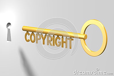 Copyright concept, golden key - 3D illustration Cartoon Illustration