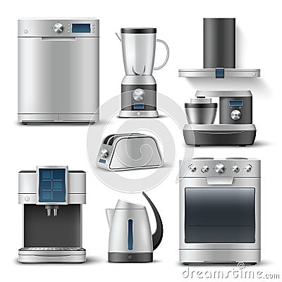 3D kitchen appliances. Realistic household equipment. Steel home electronics. Dishwasher and washing machine. Electric Vector Illustration