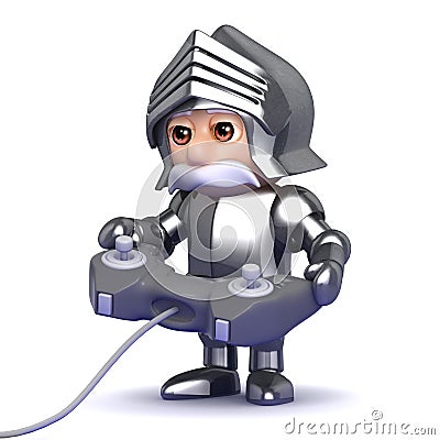 3d Knight in armour playing a videogame Stock Photo