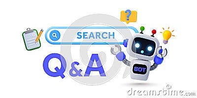 3d knowledge search, AI-powered chat bot, question and answer banner template. 3d rendered cute robot with search box Vector Illustration