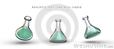 3D laboratory conical flask with liquid. Test tube with flat bottom Vector Illustration