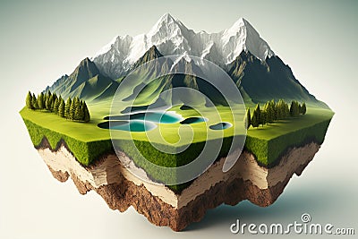 3D land with mountain isolated , Piece of earth land green field. Generate Ai Stock Photo