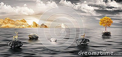 3d landscape nature sunrise and sea water. golden marble mountains, black and white stone with tree and deer. Stock Photo