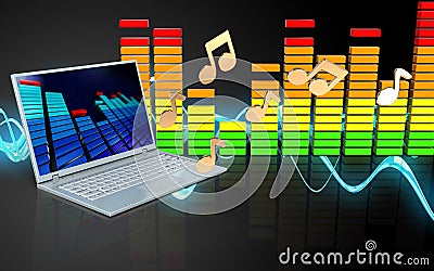 3d laptop computer audio spectrum Cartoon Illustration