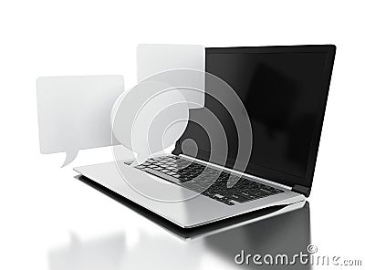 3d Laptop computer with empty bubbles speech Cartoon Illustration