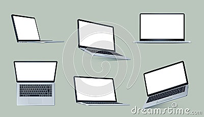 3d laptop. Isometric open computer, notebook different angles view, isolated realistic office pc with keyboard, blank Vector Illustration
