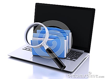 3d laptop, magnifying glass and computer files Cartoon Illustration