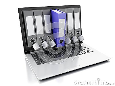 3d laptop and secret folder. Data security concept Stock Photo