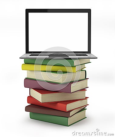 3d laptop on top of a pile of books Stock Photo