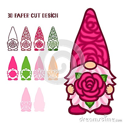 3D layered gnome with rose. Valentines Day. Love symbols Vector Illustration