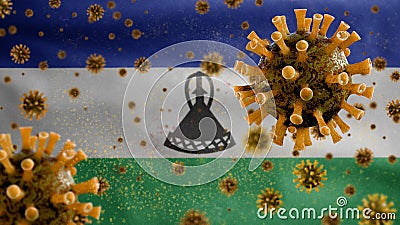 3D, Lesotho flag waving with Coronavirus outbreak. Sesotho Covid 19 Stock Photo