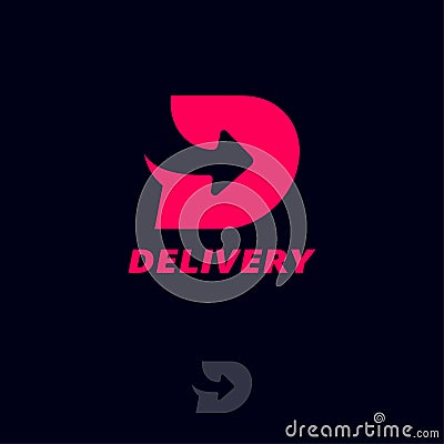 D letter with arrow. Delivery logo. D monogram with arrow, isolated on a dark background. Vector Illustration