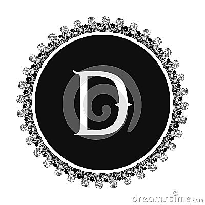 D letter in circle frame in floral ornament style on black color and white background Stock Photo