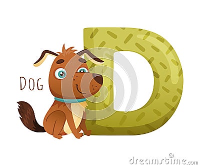 D letter and cute dog animal. Zoo alphabet for children education, home or kindergarten decor cartoon vector Vector Illustration