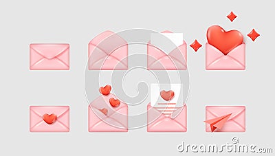 3d letter envelope set. Love render, romantic gift, new chat notification, open and closed email message with document Vector Illustration