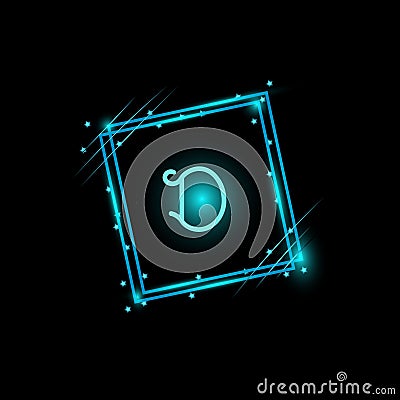 D letter glowing logo design in a rectangle banner Vector Illustration