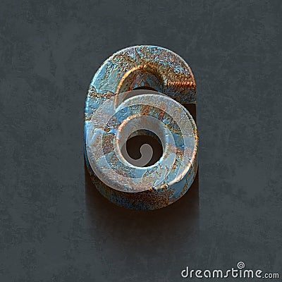 3d letters, number six on a rusted metal surface, 3d render Stock Photo