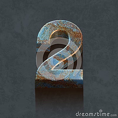 3d letters, number two on a rusted metal surface, 3d render Stock Photo