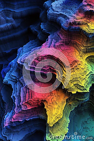4D LiDAR GIS aerial map model showcasing elevation and topography with color-coded height variations overlaid with grid lines Stock Photo