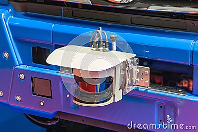 2D LiDAR sensor on the front bumper of an unmanned vehicle, close-up. An part of the self-driving system of the truck Stock Photo