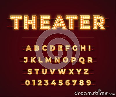 3d light bulb alphabet with gold frame isolated on dark red background. Vector Illustration