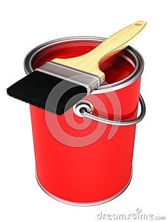 3d light red paint can and paint brush Stock Photo