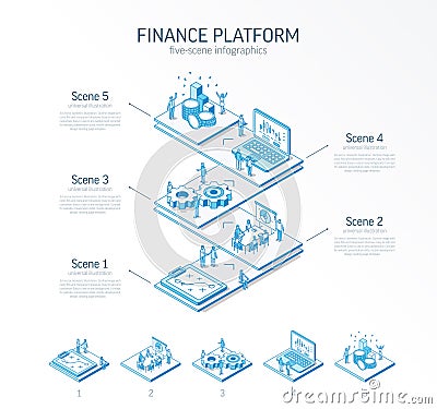 3d line isometric finance platform infographic template. Bank data analysis, presentation layout. 5 option steps Vector Illustration