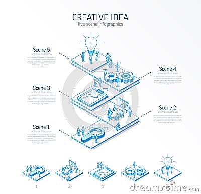 3d line isometric innovative creative idea infographic template. Startup, teamwork presentation layout. 5 option steps Vector Illustration