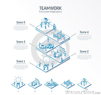 3d line isometric teamwork infographic template. Office work. success, communication presentation layout. 5 option steps Vector Illustration