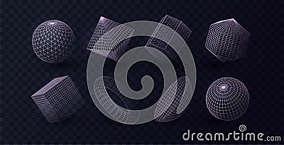 3d line Polygonal geometric shapes. Circle and square grid. Abstract geometry graphic triangle, ring design, mesh cube Vector Illustration