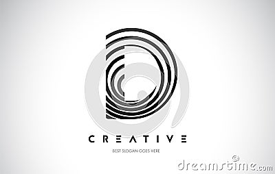 D Lines Warp Logo Design. Letter Icon Made with Black Circular Lines Vector Illustration