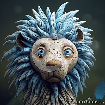 Clay 3d Lion Figurine With Blue Feathers In The Style Of Cyril Rolando Cartoon Illustration