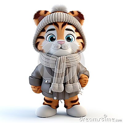 3D lion character dressed in a cozy winter coat, skillfully isolated against a clean white background. Stock Photo