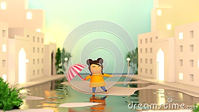 3D Little Girl Holding Umbrella At Water Road And Buildings Stock Photo