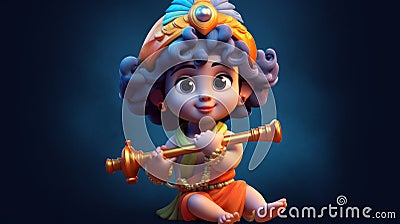 3D little krishna holding flute on blue background generative AI Stock Photo