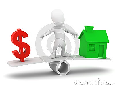 3d Little man balances the cost of a house Stock Photo