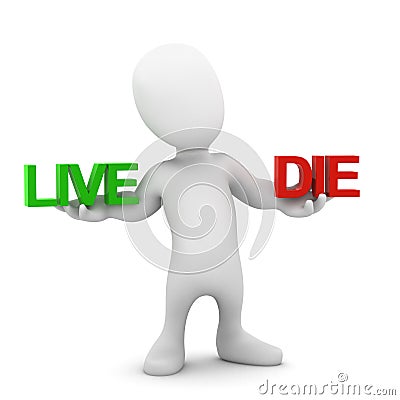 3d Little man balances life and death Stock Photo