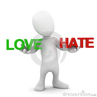 3d Little man balances Love and Hate Stock Photo