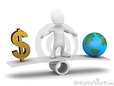 3d Little man balances money against the Earth Stock Photo