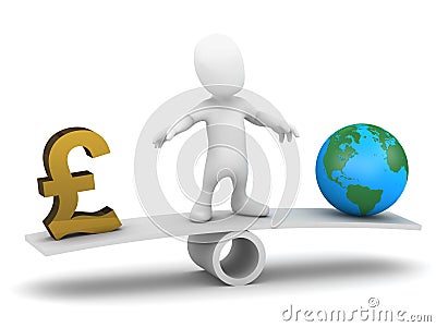 3d Little man balances money and the world Stock Photo