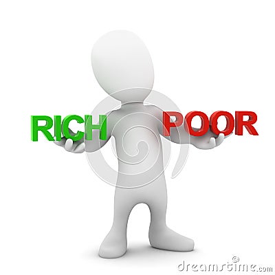 3d Little man balances Rich and Poor Stock Photo