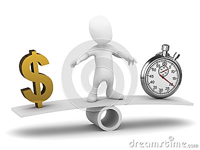 3d Little man balances time and money Stock Photo